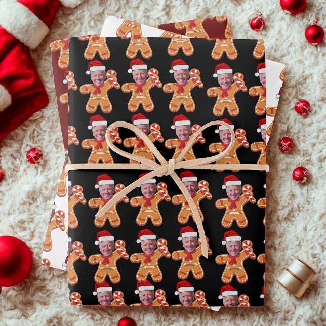 Funny Joe Biden Xmas Custom Face Photo Gingerbread Wrapping Paper Sheets (Creator Uploaded)
