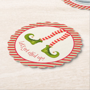 Funny Jolly Christmas Elf Legs Holiday Scalloped Paper Coaster