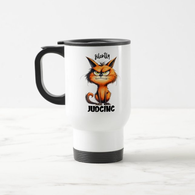 Funny judging word art cat travel mug (Left)