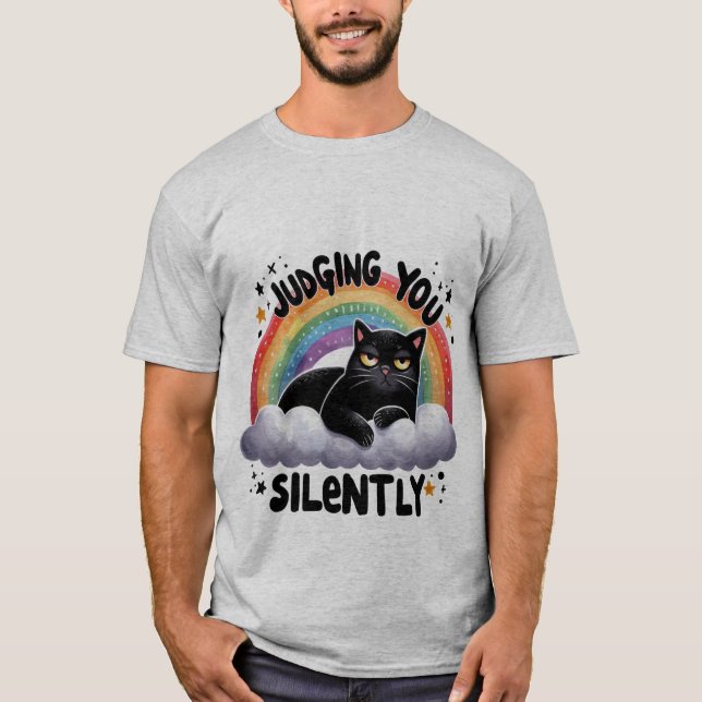 Funny "Judging You Silently" Grumpy Black Cat ✨🌈 T-Shirt (Front)
