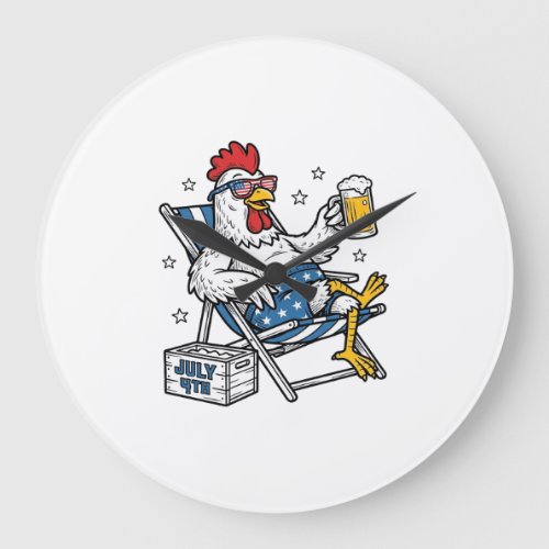 Funny July 4th Chicken Beer Patriotic Shirt Design Large Clock