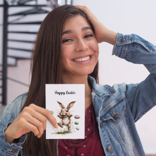 Funny Jumping Bunny Watercolor Easter Art Postcard