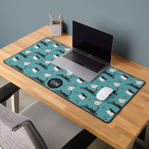 Funny Jumping Cat Faces on Teal Monogram Desk Mat