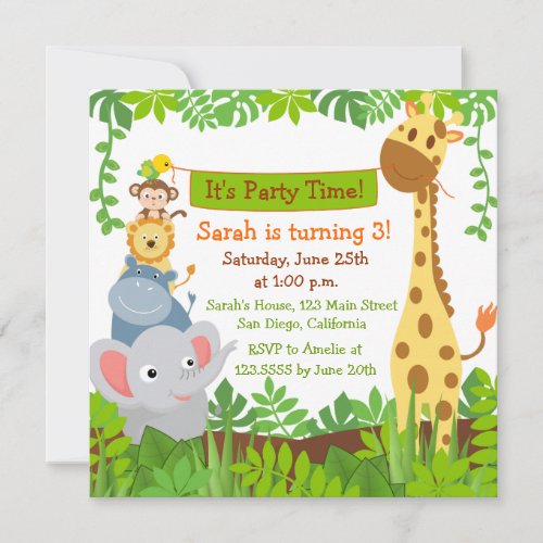 Funny Jungle Animals Birthday Party Invitations