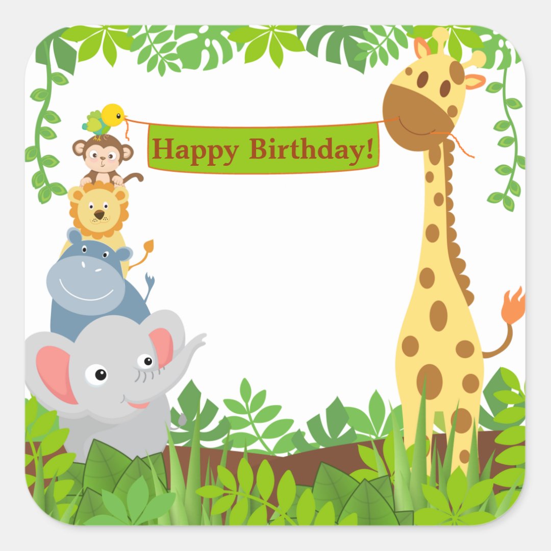 Funny Jungle Animals Happy Birthday Sticker | Zazzle