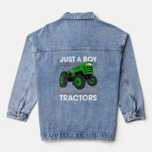 Funny Just a Boy Who Loves Tractors Kids Farm Trac Denim Jacket