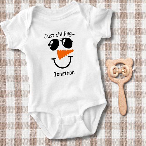 Funny Just Chilling Snowman Monogram  Baby Bodysuit