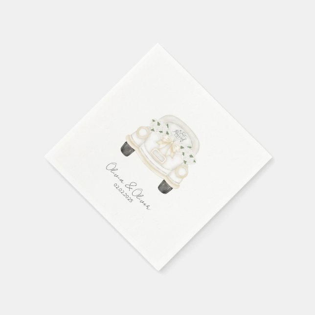 Funny just married car custom wedding napkins (Corner)