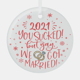Funny just married newlywed keepsake glass ornament