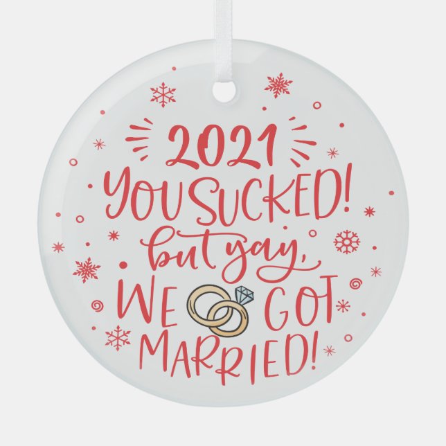 Funny just married newlywed keepsake glass ornament (Front)