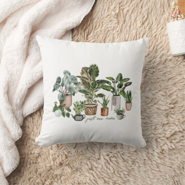 Funny "Just One More Plant" Quote Illustration Throw Pillow (Blanket)