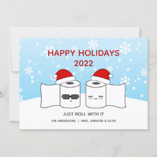 Funny Just Roll With It Toilet Paper Couple Holiday Card