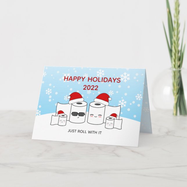Funny Just Roll With It Toilet Paper Family of 4 Holiday Card (Front)