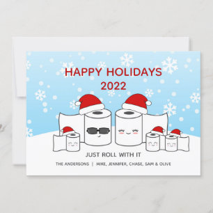 Funny Just Roll With It Toilet Paper Family of 5 Holiday Card