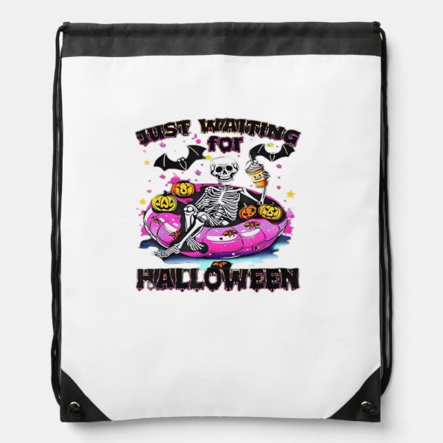 Funny Just Waiting For Halloween Skeleton Spooky V Drawstring Bag (Front)