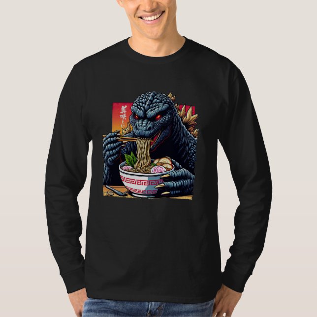 Funny Kaiju Eating Ramen Japanese Monster Lover Bi T-Shirt (Front)