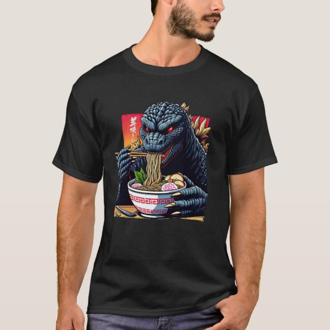Funny Kaiju Eating Ramen Japanese Monster Lover Bi T-Shirt (Front)