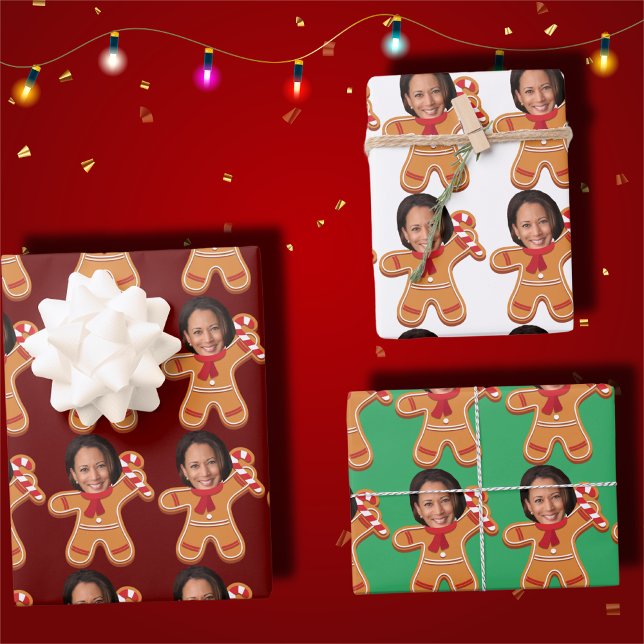 Funny Kamala Harris Face Photo Gingerbread Xmas Wrapping Paper Sheets (Creator Uploaded)