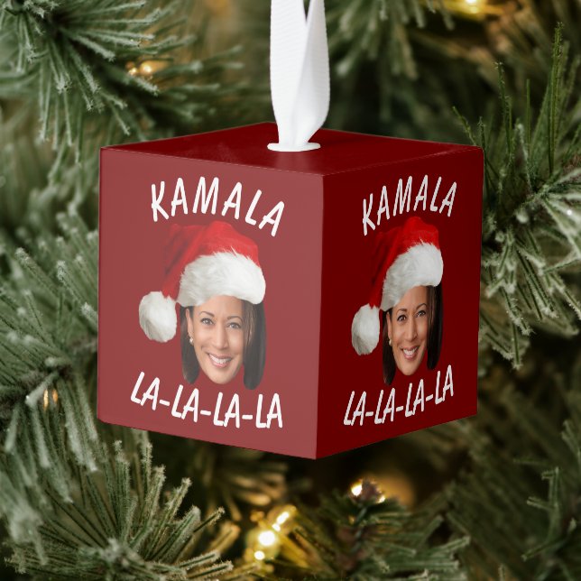Funny Kamala Harris Face Santa Hat Christmas  Cube Ornament (Tree)