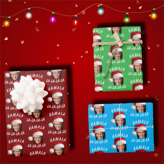 Funny Kamala Harris Face Santa Hat Christmas Wrapping Paper Sheets (Creator Uploaded)
