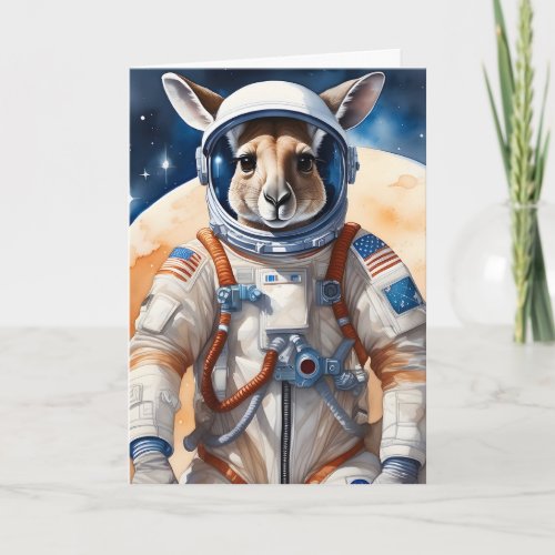 Funny Kangaroo in Astronaut Suit in Outer Space Card