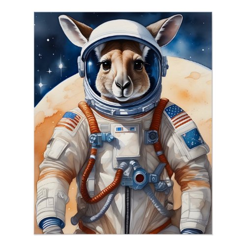 Funny Kangaroo in Astronaut Suit in Outer Space Poster