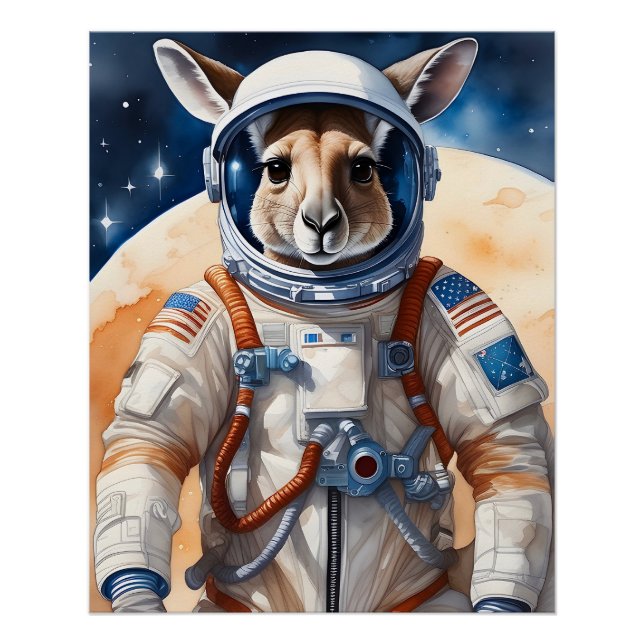 Funny Kangaroo in Astronaut Suit in Outer Space Poster (Front)