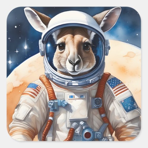 Funny Kangaroo in Astronaut Suit in Outer Space Square Sticker