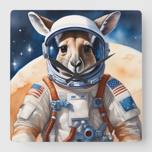Funny Kangaroo in Astronaut Suit in Outer Space Square Wall Clock