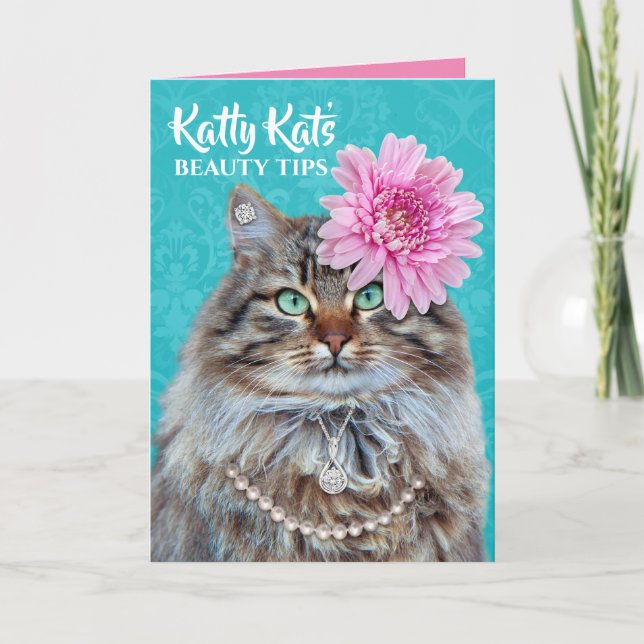 Funny Katty Kat's Birthday Beauty Tips Card (Front)