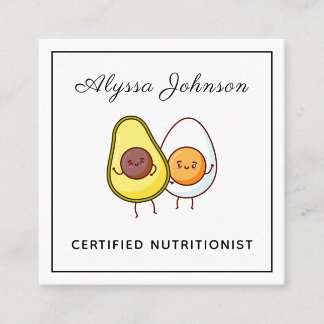 Funny Kawaii Avocado & Egg Keto Theme Nutritionist Square Business Card (Front)