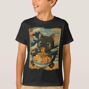 Funny Kawaii Black Cat Ramen Noodle Bowl Japanese  T-Shirt