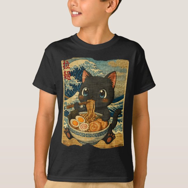 Funny Kawaii Black Cat Ramen Noodle Bowl Japanese  T-Shirt (Front)