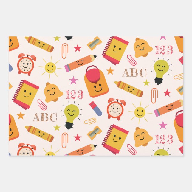 Funny Kawaii Cartoon School Supplies  Wrapping Paper Sheets (Front)