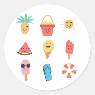 Funny Kawaii Cartoon Summer Icons  Classic Round Sticker