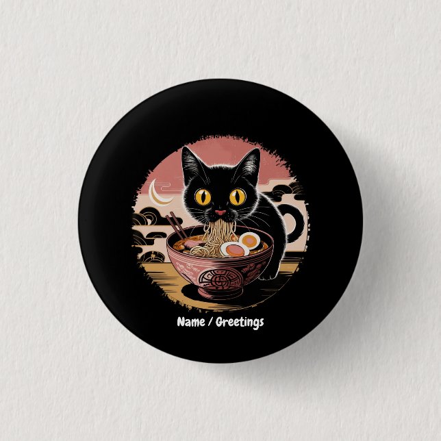 Funny Kawaii Cat Eating Ramen Noodles Cute Anime Button (Front)