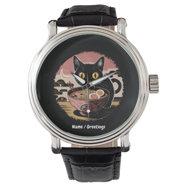 Funny Kawaii Cat Eating Ramen Noodles Cute Anime Watch (Front)