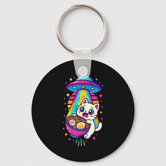 Funny Kawaii Cat Ramen Ufo Japanese Anime Women Gi Keychain (Front)