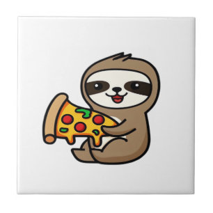 Funny Kawaii Chibi Sloth with Pizza � Cute Cartoon Ceramic Tile