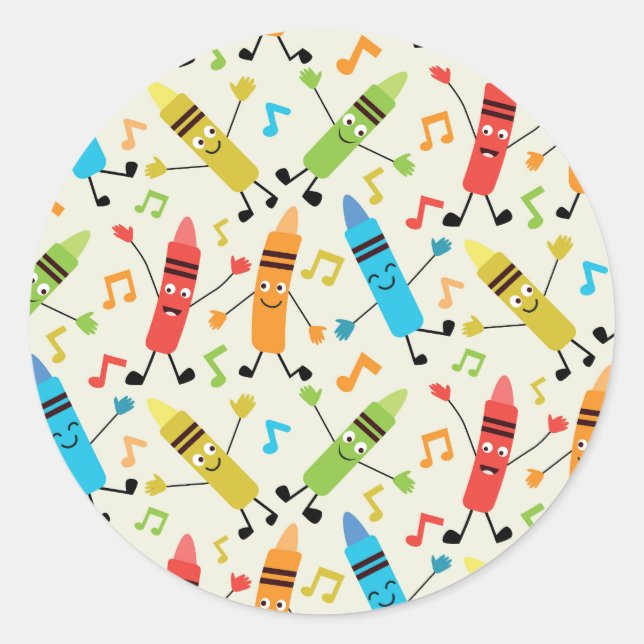 Funny Kawaii Dancing Crayons With Music Notes  Classic Round Sticker (Front)