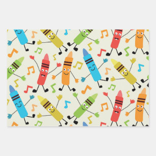Funny Kawaii Dancing Crayons With Music Notes  Wrapping Paper Sheets