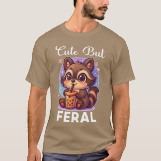Funny Kawaii Raccoon Drinking Boba Cute But Feral T-Shirt