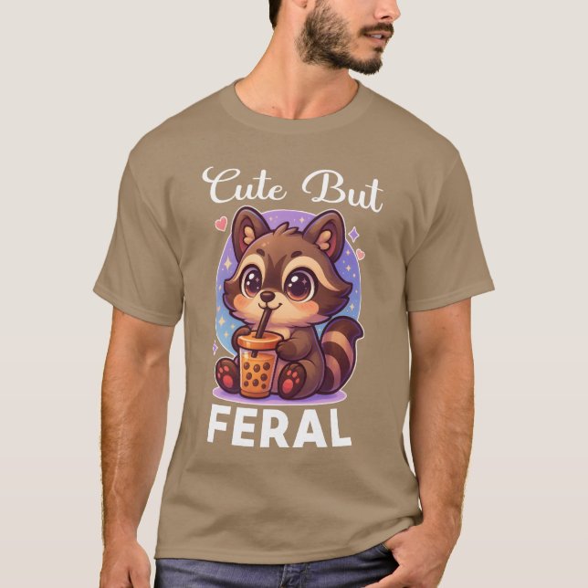Funny Kawaii Raccoon Drinking Boba Cute But Feral  T-Shirt (Front)