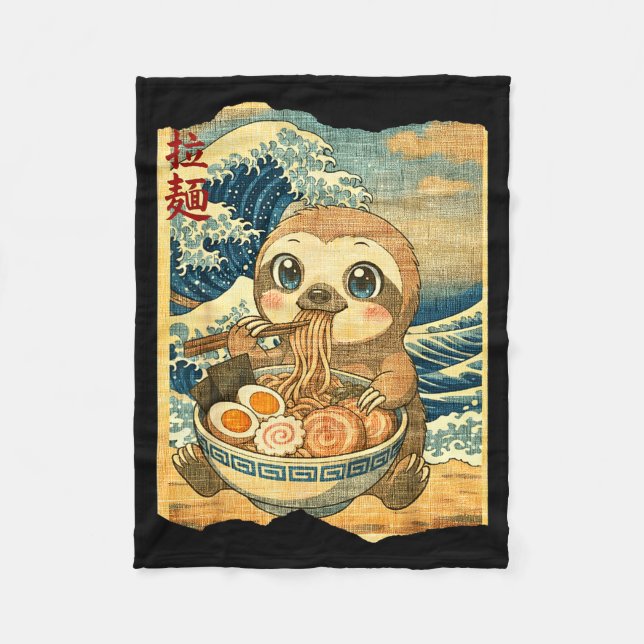 Funny Kawaii Sloth Ramen Noodle Bowl Japanese Wave Fleece Blanket (Front)