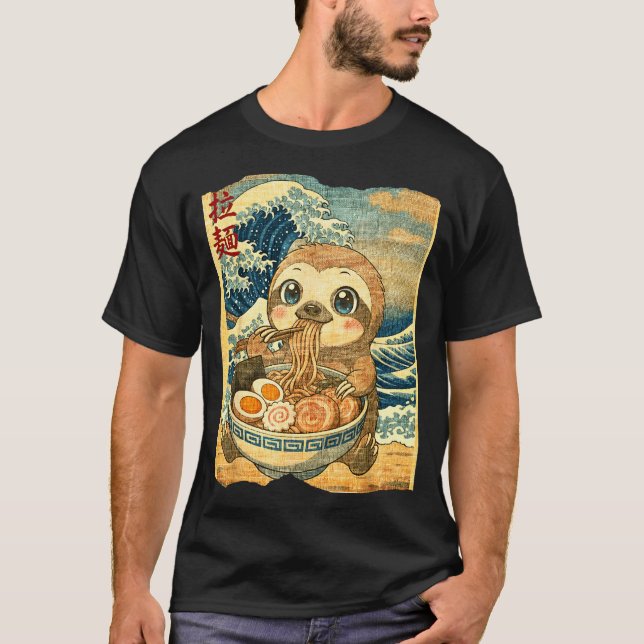 Funny Kawaii Sloth Ramen Noodle Bowl Japanese Wave T-Shirt (Front)