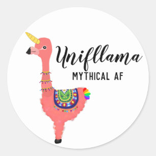 Funny Kawaii Unicorn Flamingo Llama Mythical AF Classic Round Sticker