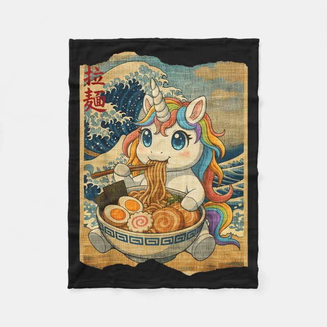 Funny Kawaii Unicorn Ramen Noodle Bowl Japanese Wa Fleece Blanket (Front)