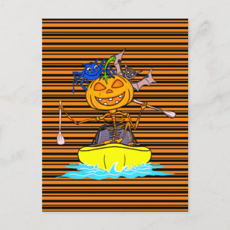 Funny Kayaker Skeleton Kayaking Pumpkin Halloween Postcard