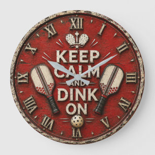 Funny Keep Calm and Dink On   Rustic Pickleball  Large Clock
