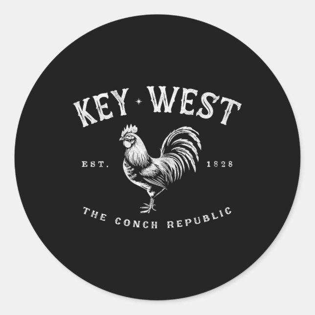 Funny Key West Rooster Chicken Sunrise Fishing Sur Classic Round Sticker (Front)